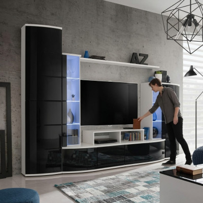 Schwaarz Wunnwand Wunnzëmmer Luxus Set Vitrin TV Ständer Holz Miwwelen Nei