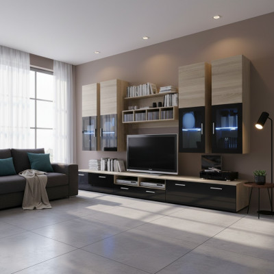 Wunnzëmmer Komplett TV-Ständer Design Mauer-Schränk Luxus Wunnwand Ariichtung Nei