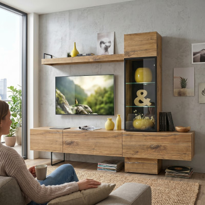 Wunnwand Designer Wunnzëmmer Set Lowboard Wandregal TV-Stänner Nei Miwwelen