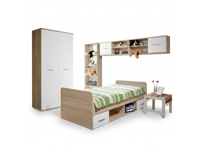 Kannerzëmmer Komplett Bett Kleederschaf Bücherregal Wandregal Set 5 Deeler