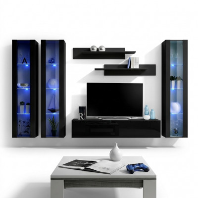 Schwarz Wunnwand Hänkvitrinn Set 6 Stéck Wunnzëmmer Garnitur Modern Holzmöbler