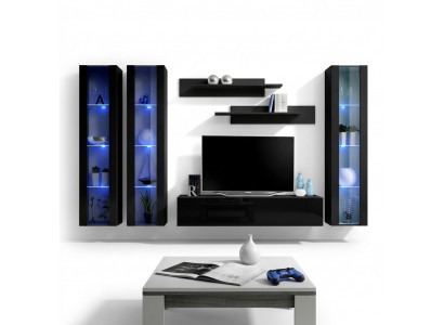 Schwarz Wunnwand Hänkvitrinn Set 6 Stéck Wunnzëmmer Garnitur Modern Holzmöbler