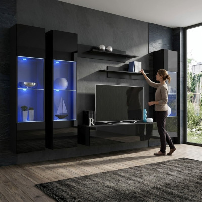 Wunnzëmmer Garnitur 6 Deeler Wunnwand Lowboard TV-Stänner Hänge Vitrine Holzmiwwelen