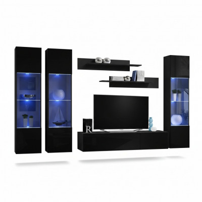Wunnzëmmer Garnitur 6 Deeler Wunnwand Lowboard TV-Stänner Hänge Vitrine Holzmiwwelen