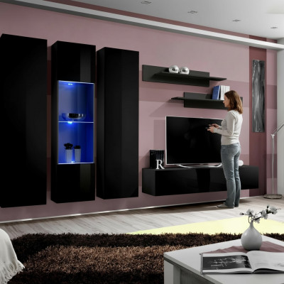 Wunnwand Set 6 Stéck Luxus Wunnzëmmer TV Stänner Holz Mauerregal Mauer-Schaf Nei