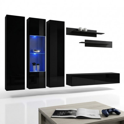 Wunnwand Set 6 Stéck Luxus Wunnzëmmer TV Stänner Holz Mauerregal Mauer-Schaf Nei