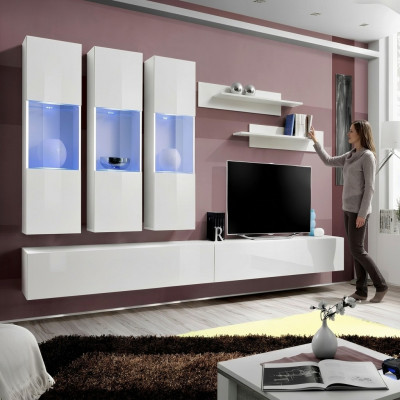 Wunnzëmmer RTV Hängevitrin Wunnwand Holz Design Wäiss Modern Neit Set 7 Deeler.