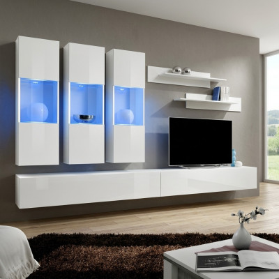 Wunnzëmmer RTV Hängevitrin Wunnwand Holz Design Wäiss Modern Neit Set 7 Deeler.