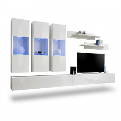 Wunnzëmmer RTV Hängevitrin Wunnwand Holz Design Wäiss Modern Neit Set 7 Deeler.
