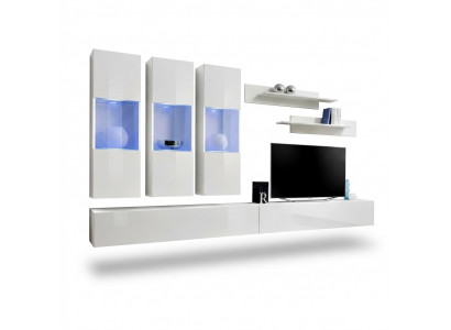 Wunnzëmmer RTV Hängevitrin Wunnwand Holz Design Wäiss Modern Neit Set 7 Deeler.