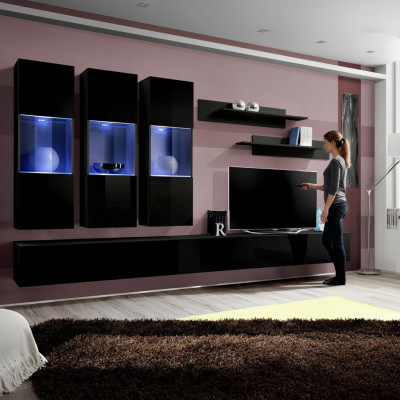 Set 7 Stéck Wunnwand Holzmöbel 2x TV Stänner Modern Wandregaler Schwarz