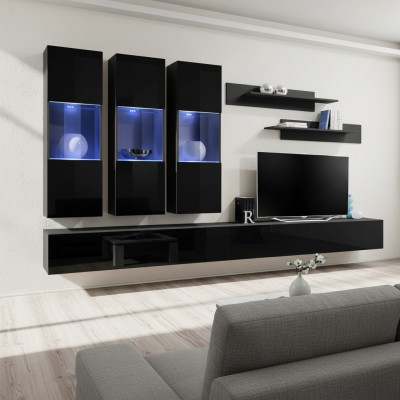 Set 7 Stéck Wunnwand Holzmöbel 2x TV Stänner Modern Wandregaler Schwarz