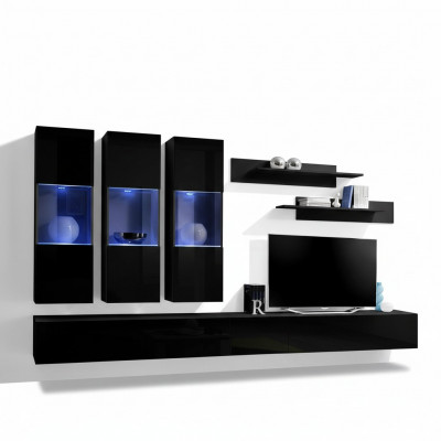 Set 7 Stéck Wunnwand Holzmöbel 2x TV Stänner Modern Wandregaler Schwarz