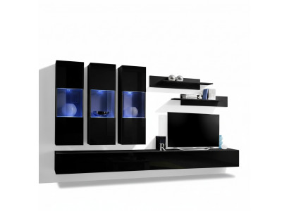 Set 7 Stéck Wunnwand Holzmöbel 2x TV Stänner Modern Wandregaler Schwarz