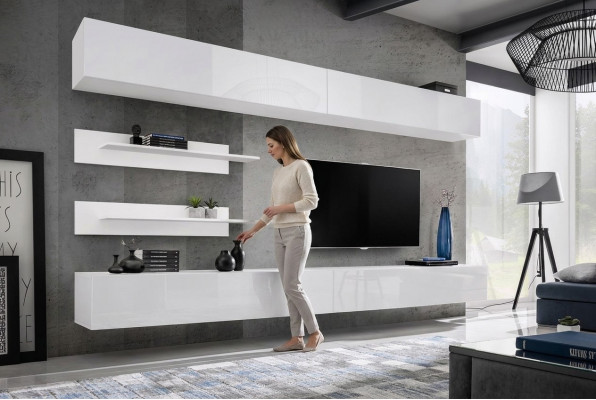 Wäiss Wunnwand Wunnzëmmer Set 6 Stéck Luxus Modern Holzmiwwelen Mauer Schaf TV-Stänner