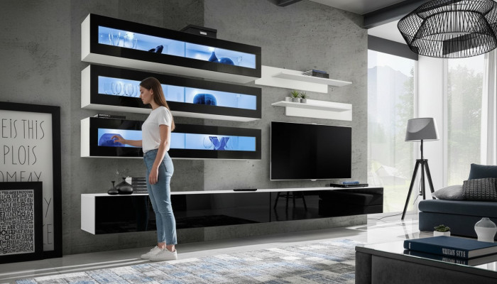Wäiss Luxus Wunnzëmmer Wunnwand Miwwelen 3x Wandschaf TV-Stänner