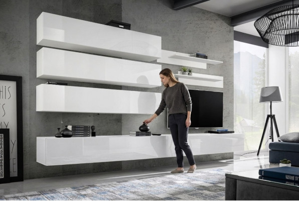Designer Wunnzëmmer Set Wandregaler Wohnwand Regal TV-Stänner Set 7 Stéck.