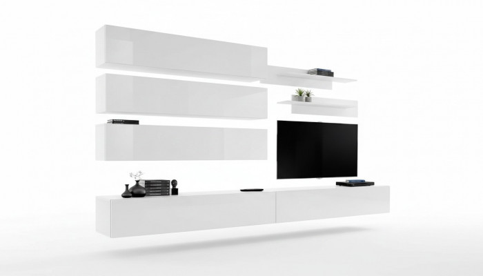 Designer Wunnzëmmer Set Wandregaler Wohnwand Regal TV-Stänner Set 7 Stéck.