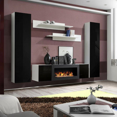 Wunnmauer TV-Stänner mat Kamäin Wunnzëmmer Designer Wandregaler Wandkabinett Holz