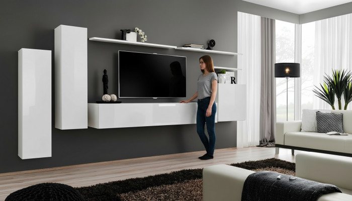 Wunnwand Wunnzëmmer Set 7-Stéck Sideboard Wandregal Wäiss TV-Stänner Wandsschaf