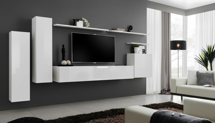 Wunnwand Wunnzëmmer Set 7-Stéck Sideboard Wandregal Wäiss TV-Stänner Wandsschaf