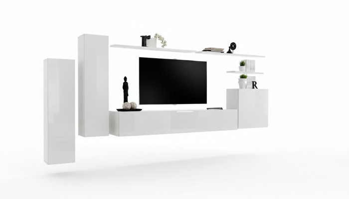 Wunnwand Wunnzëmmer Set 7-Stéck Sideboard Wandregal Wäiss TV-Stänner Wandsschaf