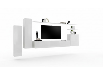 Wunnwand Wunnzëmmer Set 7-Stéck Sideboard Wandregal Wäiss TV-Stänner Wandsschaf