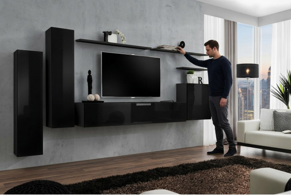 Komplett Set 7 Deeler Schwaarz Wunnwand TV Ständer Wunnzëmmer Designer Wandschaf