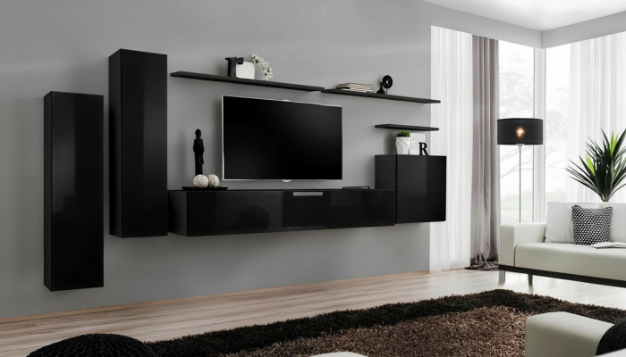 Komplett Set 7 Deeler Schwaarz Wunnwand TV Ständer Wunnzëmmer Designer Wandschaf