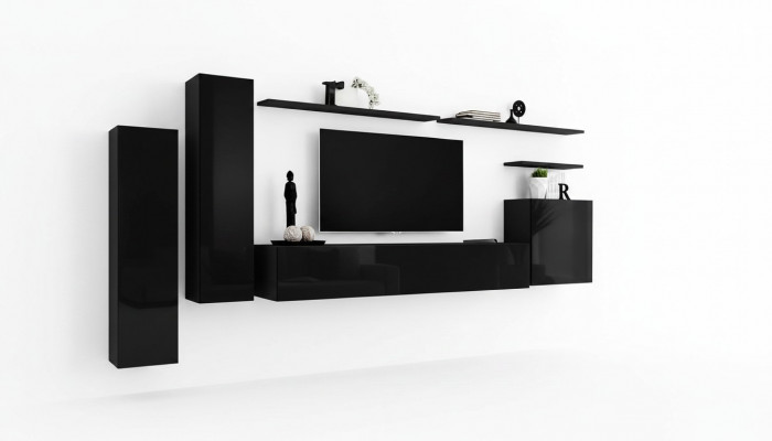 Komplett Set 7 Deeler Schwaarz Wunnwand TV Ständer Wunnzëmmer Designer Wandschaf