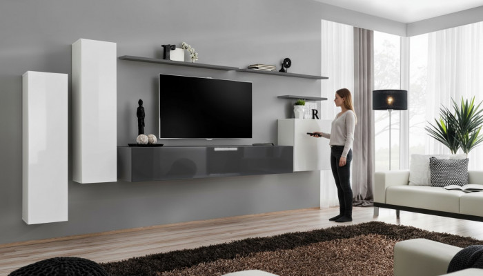 Set 7 Stéck Wunnzëmmer TV-Ständer Schaf Wandkaf Schief Wunnwänn Holz Modern Miwwelen