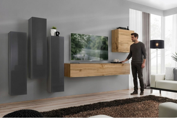 Modern Wunnwand-Set 5 Deeler Wunnzëmmer Griis Holz Miwwel Schaf TV-Ständer Nei
