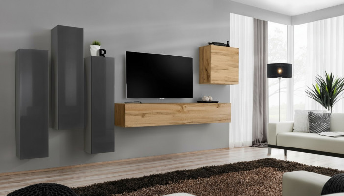 Modern Wunnwand-Set 5 Deeler Wunnzëmmer Griis Holz Miwwel Schaf TV-Ständer Nei