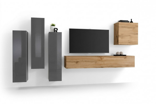 Modern Wunnwand-Set 5 Deeler Wunnzëmmer Griis Holz Miwwel Schaf TV-Ständer Nei