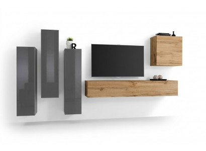 Modern Wunnwand-Set 5 Deeler Wunnzëmmer Griis Holz Miwwel Schaf TV-Ständer Nei