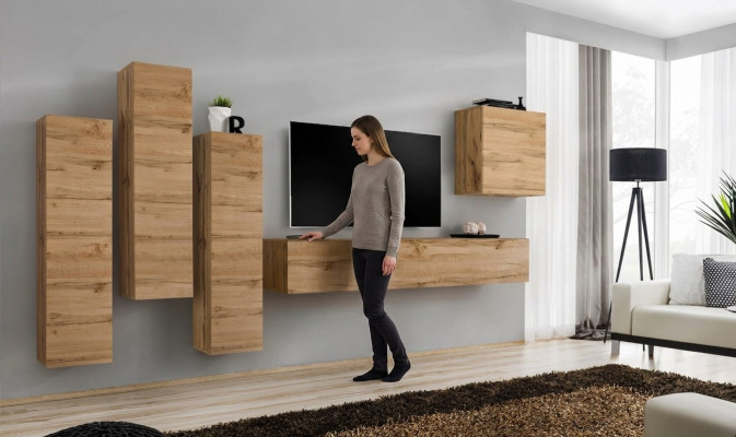 Wunnwand Braun Wandschaf Wohnzimmer TV Stänner Holz Luxus Miwwelen Ariichtung