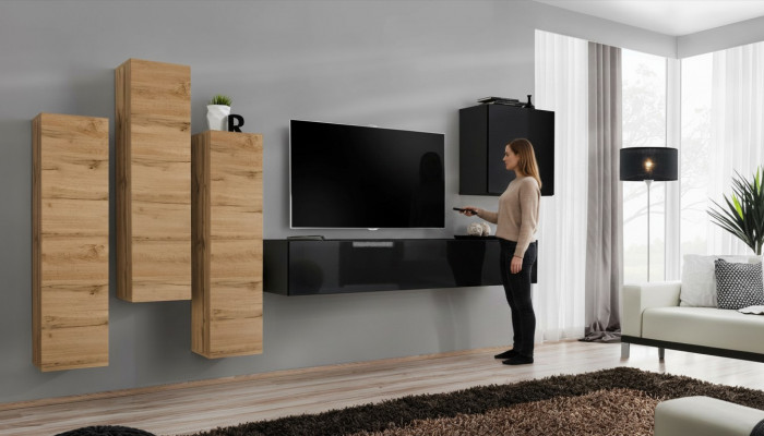 Wunnwand Wandspäicher TV Miwwelen Wunnzëmmer Ariichtung TV Stänner Modern Schwaarz