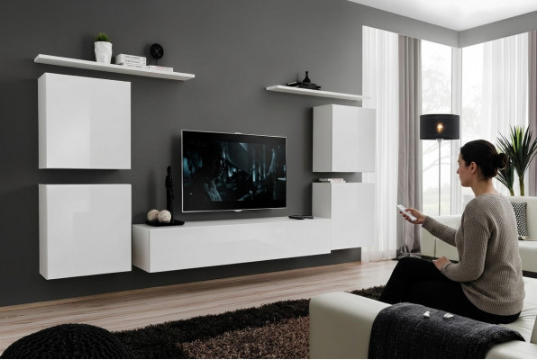 Komplett Set 7tlg Wäiss Wunnwand Wunnzëmmer Luxus Ariichtung Modern TV Ständer
