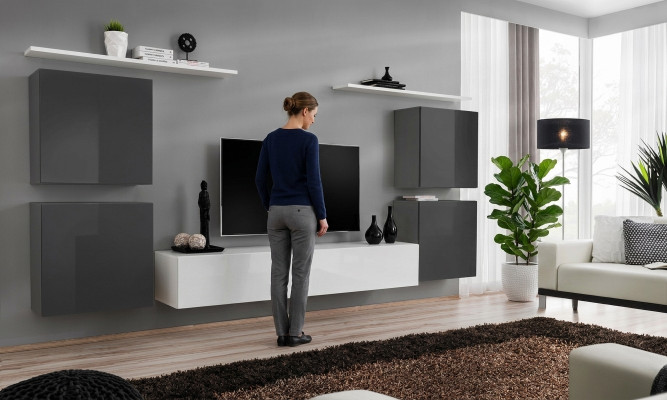 Wunnzëmmer Wäiss Wunnmann Set Wandregal TV-Ständer Holzmöbel 2x Vitrinn Wunnmann