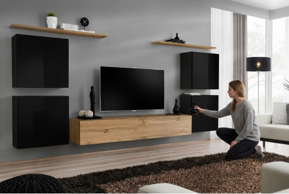 Wunnwand Schaf Wandregal Holz Wunnzëmmer Miwwelen TV Ständer Design Säitebord