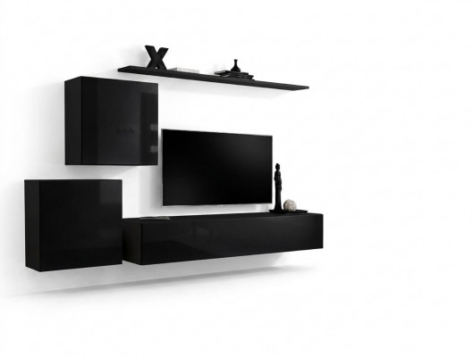 Wunnwand Wunnzëmmer Set Schwaarz Säitbord Wandregaler 4-teileg Set Wandkabinett