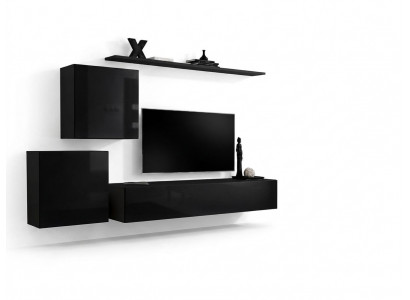 Wunnwand Wunnzëmmer Set Schwaarz Säitbord Wandregaler 4-teileg Set Wandkabinett
