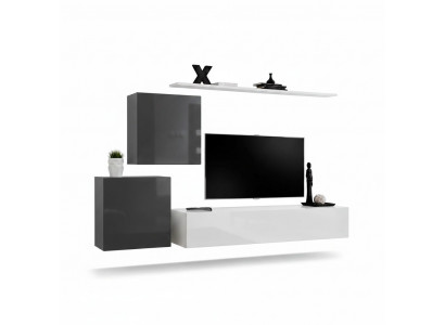 Wunnwand Wunnzëmmer Set 4tlg Stil Modern Lowboard Wandregal Wäiss Wandschaf