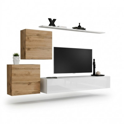 Wunnzëmmer Set 4 Stéck Wandregal Sideboard Wunnwand 2x Wandsschaf Design Neit