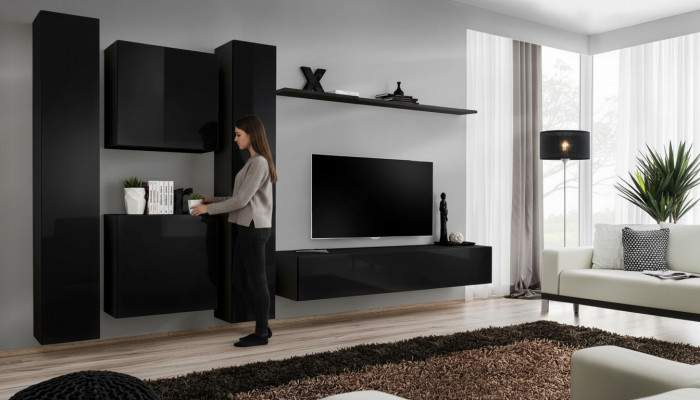 Schwaarz Wunnmauer TV Ständer Luxus Wunnzëmmer Miwwelen Komplett Set 6 Deeler Modern