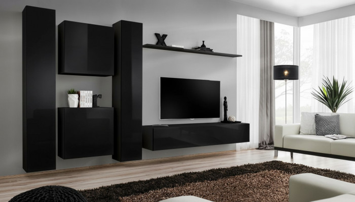 Schwaarz Wunnmauer TV Ständer Luxus Wunnzëmmer Miwwelen Komplett Set 6 Deeler Modern