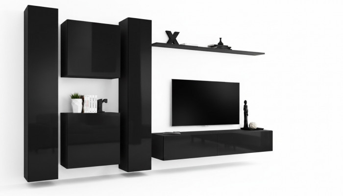 Schwaarz Wunnmauer TV Ständer Luxus Wunnzëmmer Miwwelen Komplett Set 6 Deeler Modern