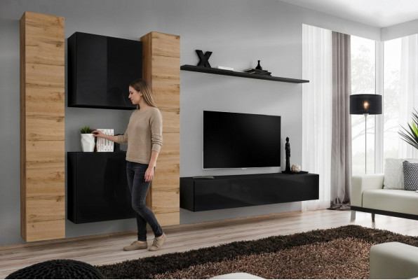 Wunnzëmmer Set 6 Deeler Wunnwand Holzméiwel Schaf Komplett Neit Wand Regal