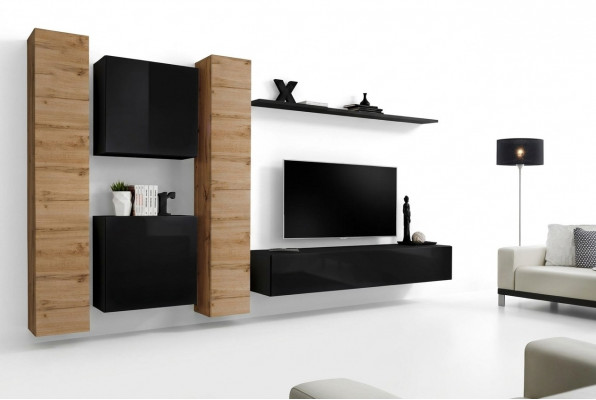 Wunnzëmmer Set 6 Deeler Wunnwand Holzméiwel Schaf Komplett Neit Wand Regal