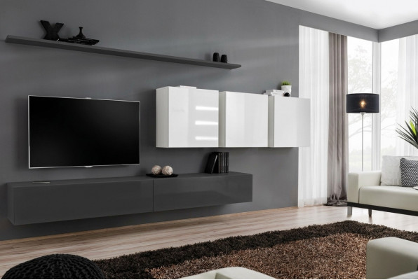 Holzmöbel Wunnmauer Grau Designer TV-Stänner Héichglanz Säitendësche Wandkabinett